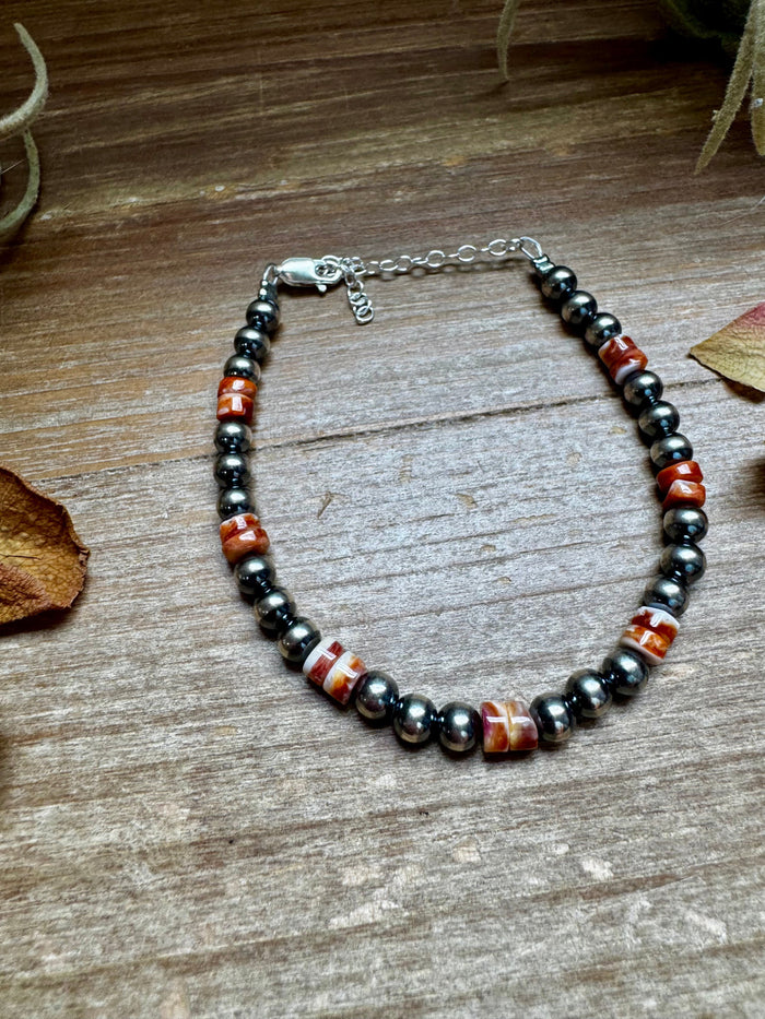 Sterling Silver Pearl Bracelet with Red-Orange Spiny Oyster Heishi