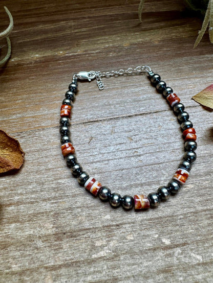 Sterling Silver Pearl Bracelet with Red-Orange Spiny Oyster Heishi