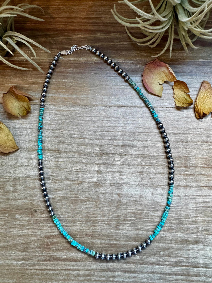 Sterling Silver Pearl & Heishi Turquoise Necklace – 19"