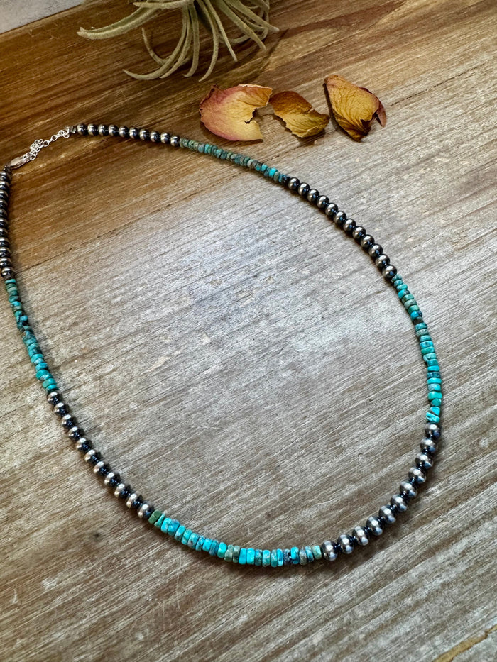 Sterling Silver Pearl & Heishi Turquoise Necklace – 19"