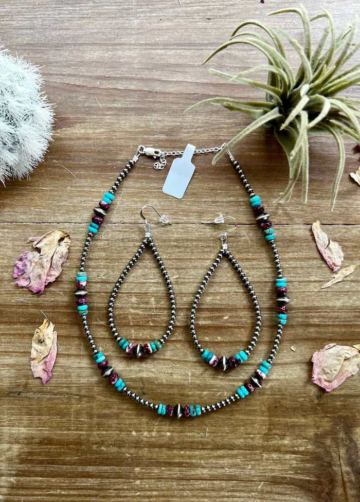 Sterling Silver Pearls choker with real turquoise and purple spiny oyster