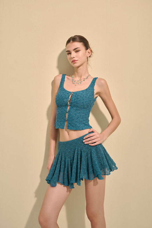 Stretch lace tank & flounce-hem skort