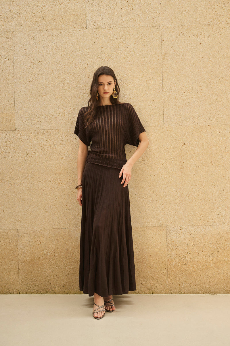 Stripe open-knit batwing top & maxi skirt