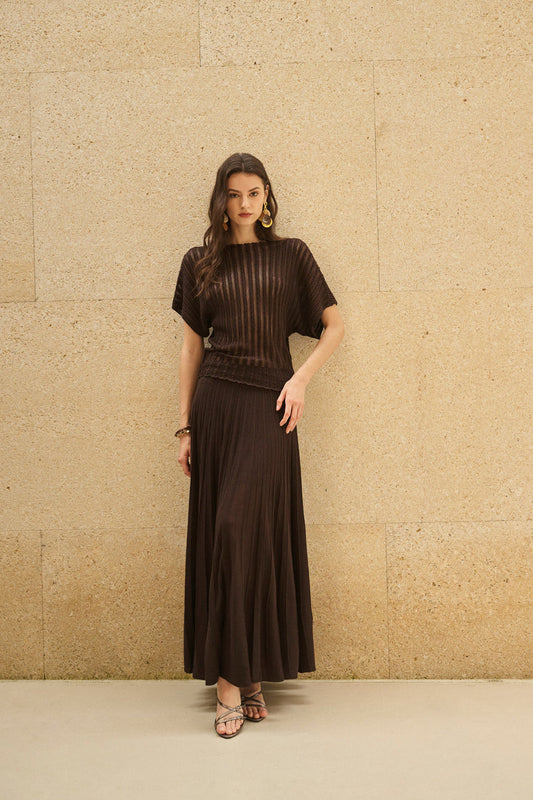 Stripe open-knit batwing top & maxi skirt