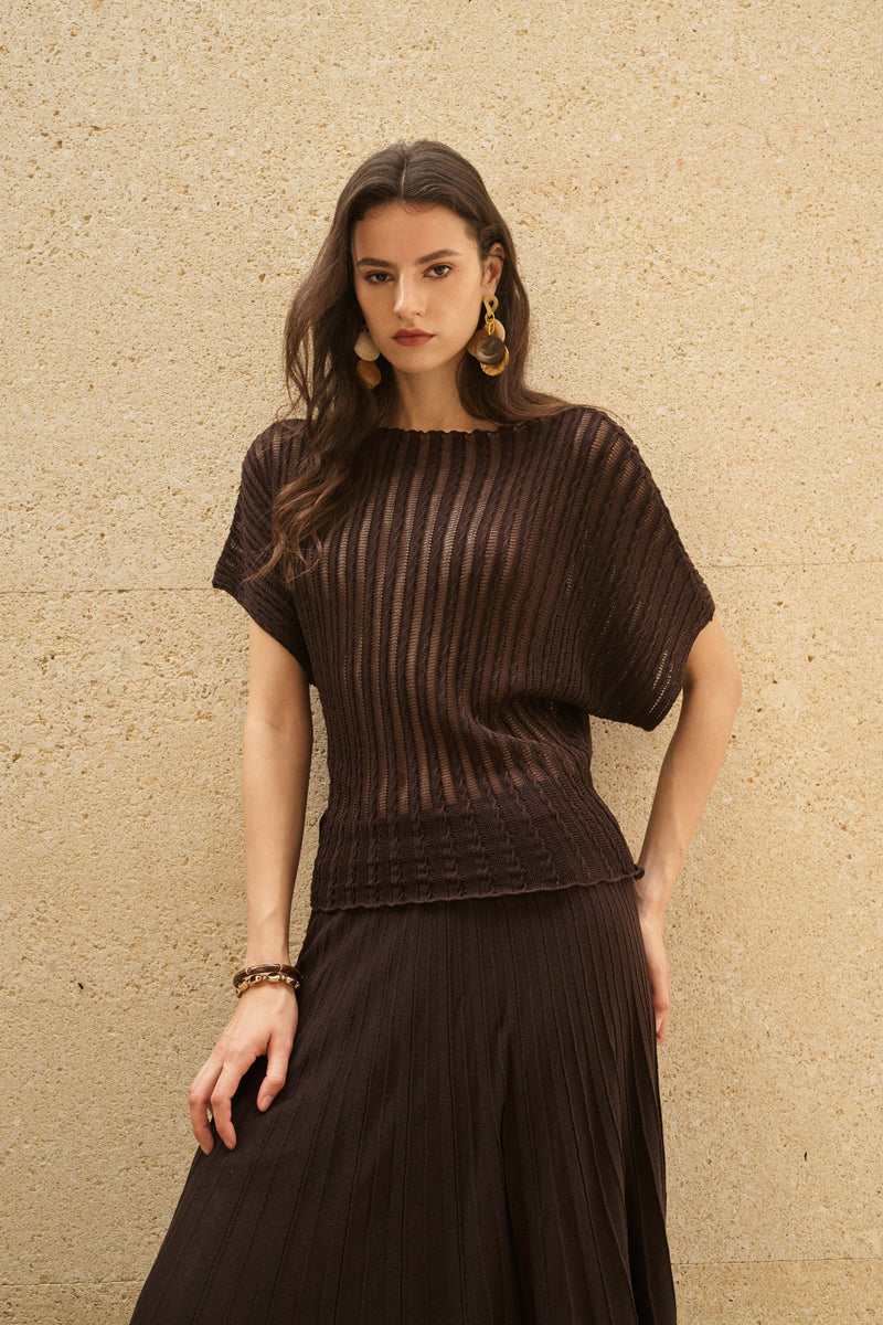 Stripe open-knit batwing top & maxi skirt