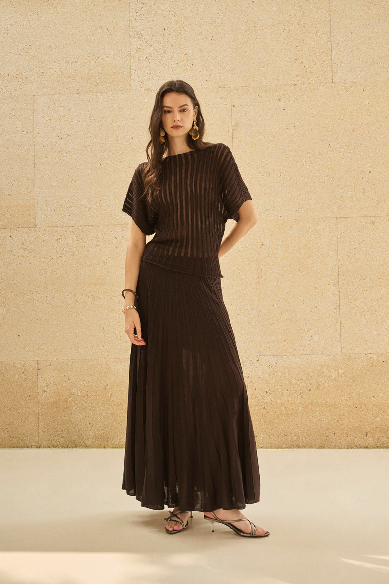 Stripe open-knit batwing top & maxi skirt