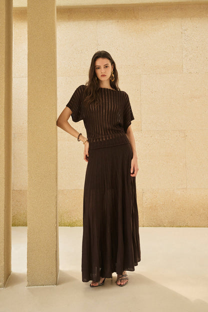 Stripe open-knit batwing top & maxi skirt