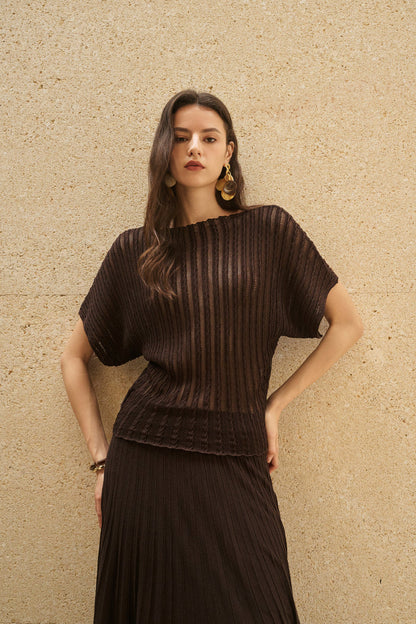 Stripe open-knit batwing top & maxi skirt