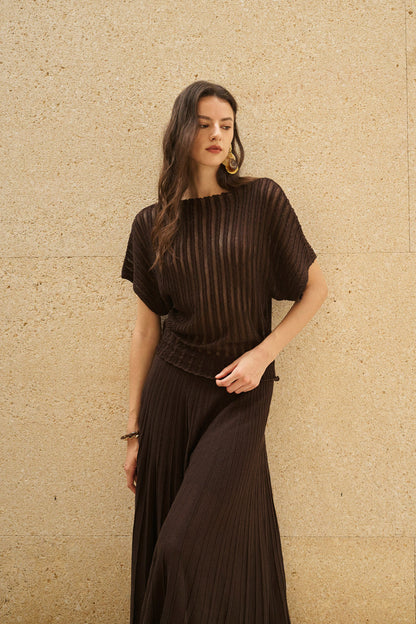 Stripe open-knit batwing top & maxi skirt