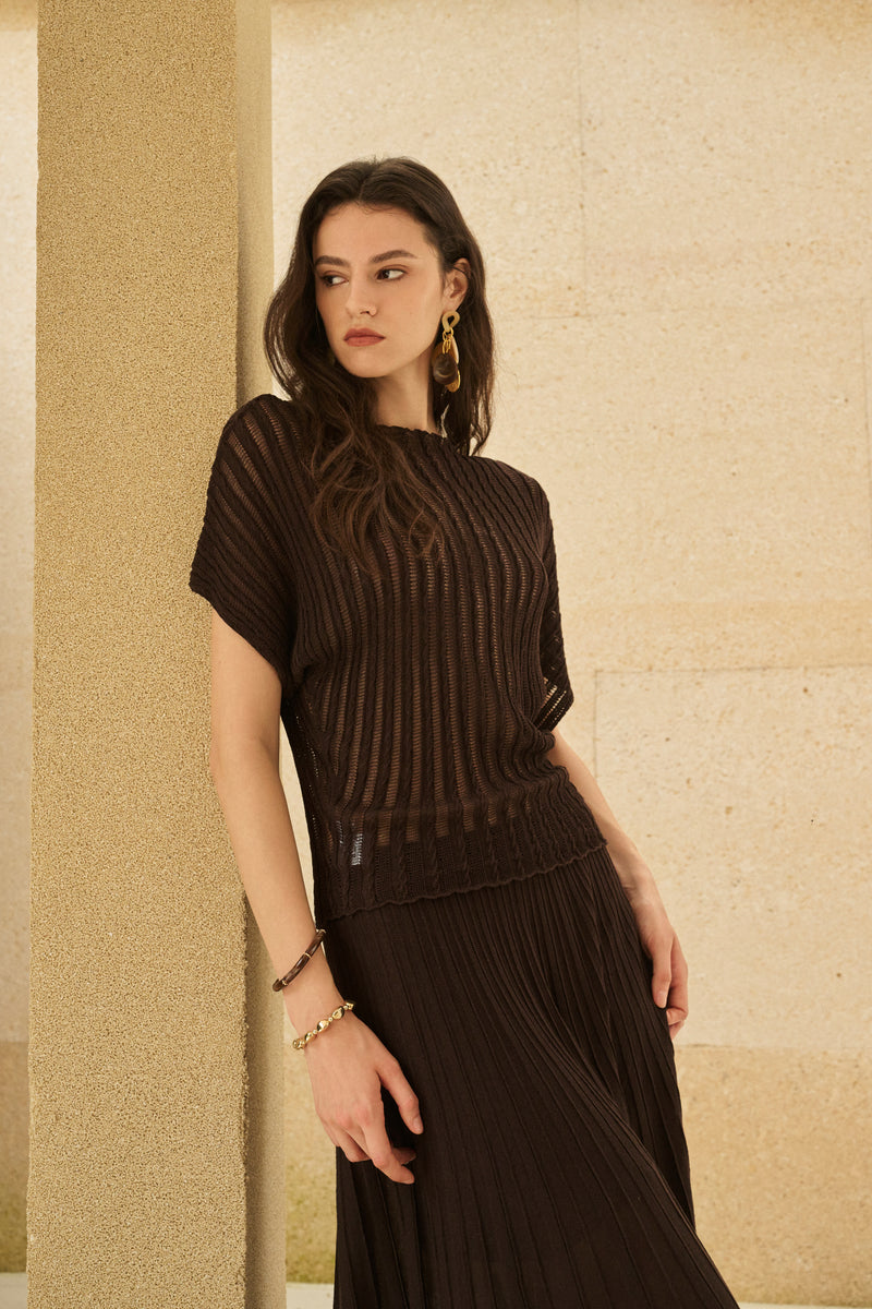Stripe open-knit batwing top & maxi skirt