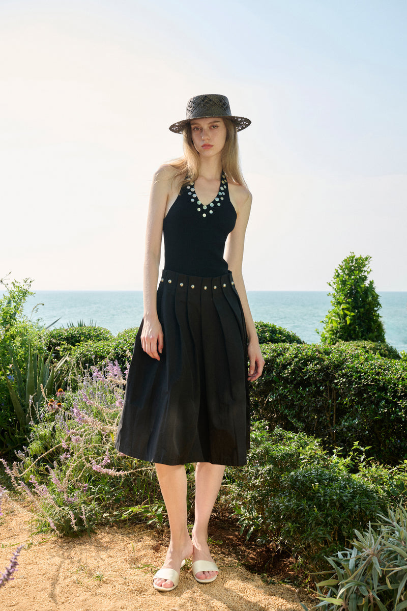 Studded pleated midi skirt