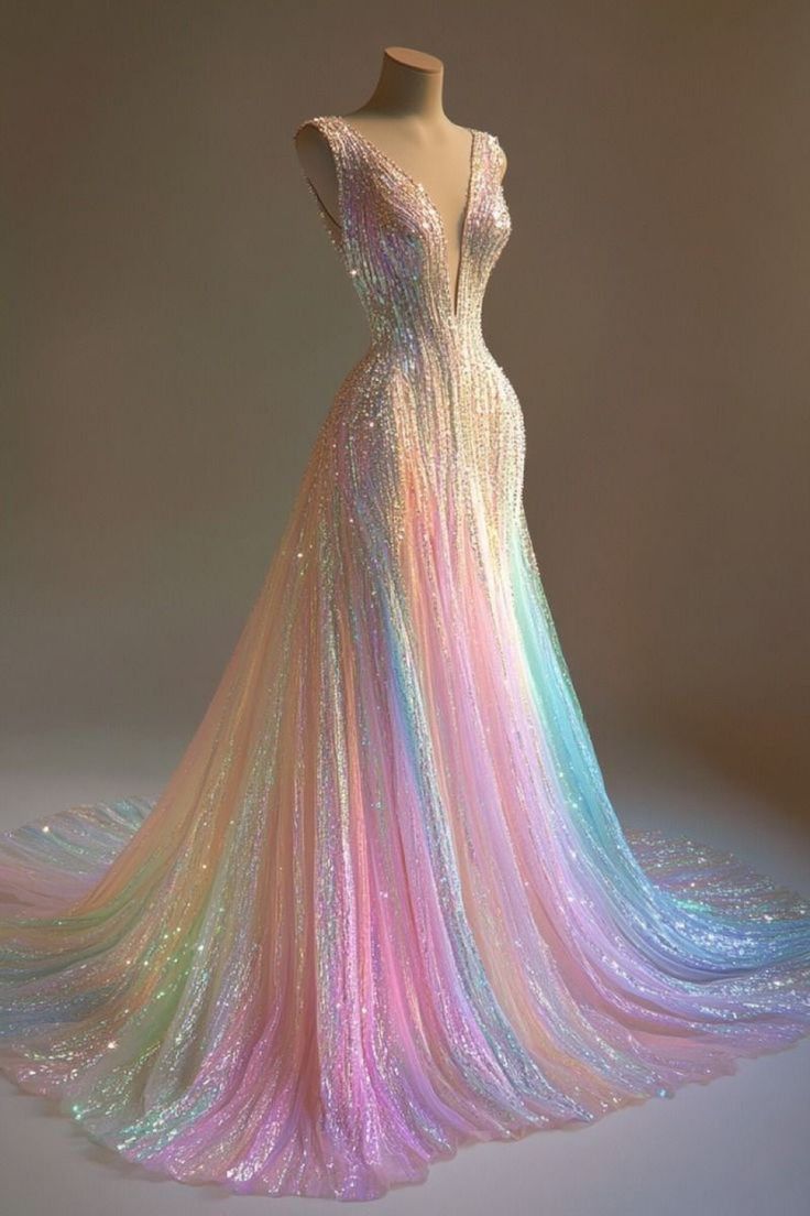 Stunning Colorful V-Neck A-Line Sequined Tulle Long Prom Dresses