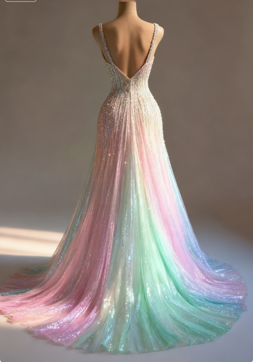 Stunning Colorful V-Neck A-Line Sequined Tulle Long Prom Dresses