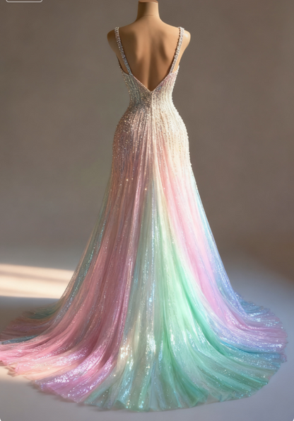 Stunning Colorful V-Neck A-Line Sequined Tulle Long Prom Dresses