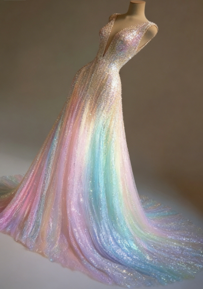 Stunning Colorful V-Neck A-Line Sequined Tulle Long Prom Dresses