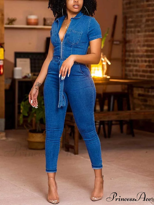 Stylish Vintage V-Neck Denim Jumpsuit