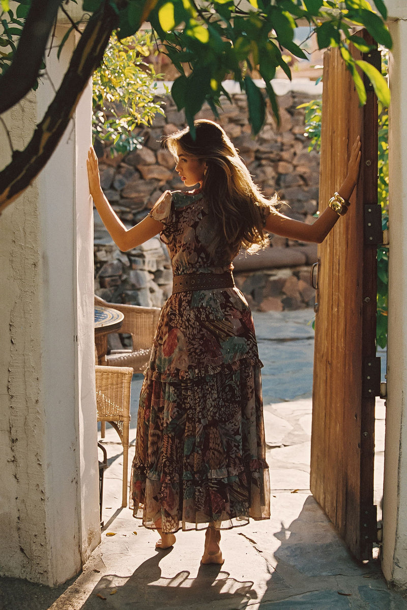 Close-up of the Sundance Rust Multi Printed Maxi Dress showcasing the fabric texture and design details.