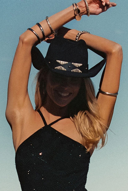 Alternate view of the black cowboy hat showing the design and craftsmanship.