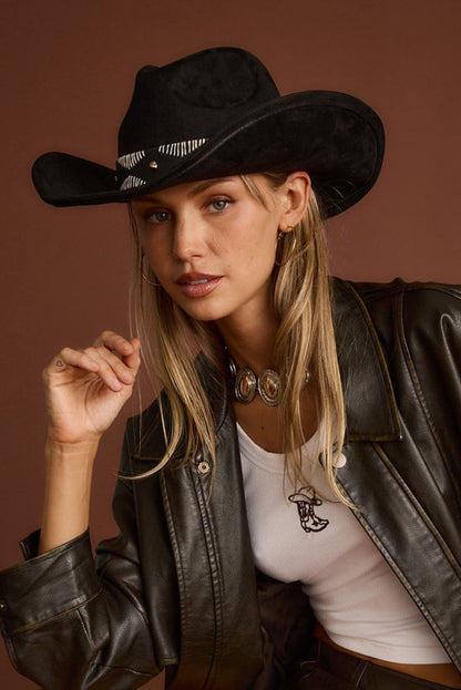 Talon Black Suede Cowboy Hat styled in a complete look from an alternate angle.