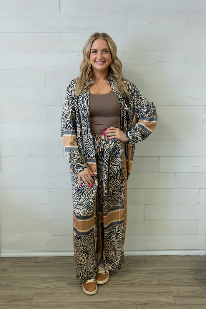 Tan Navy Zebra Roomy Fit Drawstring Bottoms
