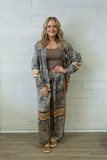Tan Navy Zebra Roomy Fit Drawstring Bottoms