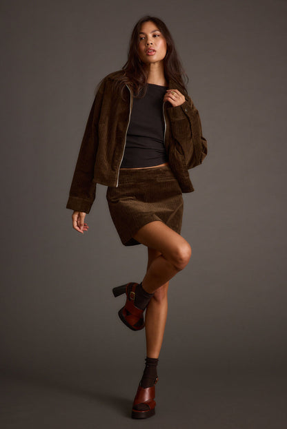 Close-up of the Tavern Mocha Corduroy Mini Skirt showcasing the corduroy texture and craftsmanship.