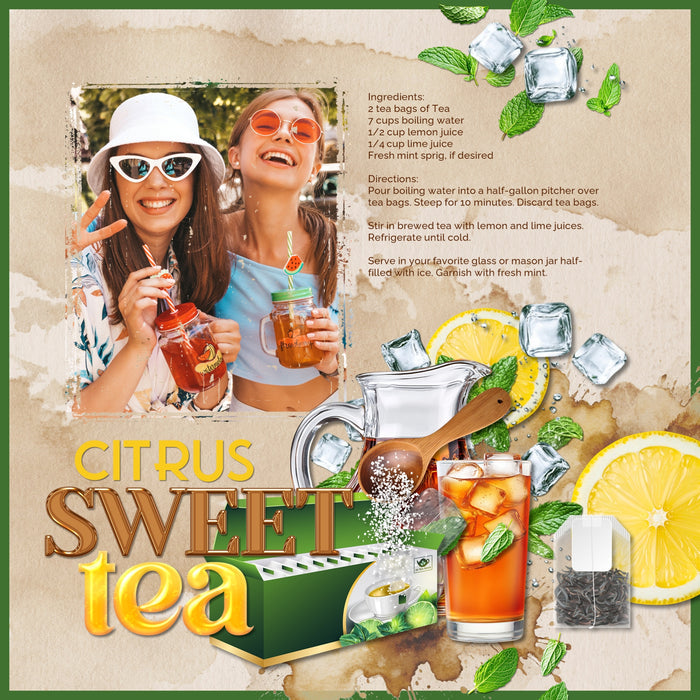 Cozy up your digital scrapbooking pages with these realistic tea-inspired embellishments, papers, and clusters. Great for tea shops, time with girlfriends, afternoon tea, vacations to Asia, China, Japan, and more! Embellishments include apron, cookie, hearts, bread, loaf, pound cake, bakery, baked goods, hot tea, ice tea, iced tea, bubble tea, boba tea, stool, cafe, cup lid, tea shop, ginger, honey, honey dipper, honey spoon, tea infuser, hot water heater pot, pitcher, Japanese tea cups, Japanese Tea House.