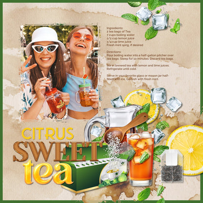 Cozy up your digital scrapbooking pages with these realistic tea-inspired embellishments, papers, and clusters. Great for tea shops, time with girlfriends, afternoon tea, vacations to Asia, China, Japan, and more! Embellishments include apron, cookie, hearts, bread, loaf, pound cake, bakery, baked goods, hot tea, ice tea, iced tea, bubble tea, boba tea, stool, cafe, cup lid, tea shop, ginger, honey, honey dipper, honey spoon, tea infuser, hot water heater pot, pitcher, Japanese tea cups, Japanese Tea House.