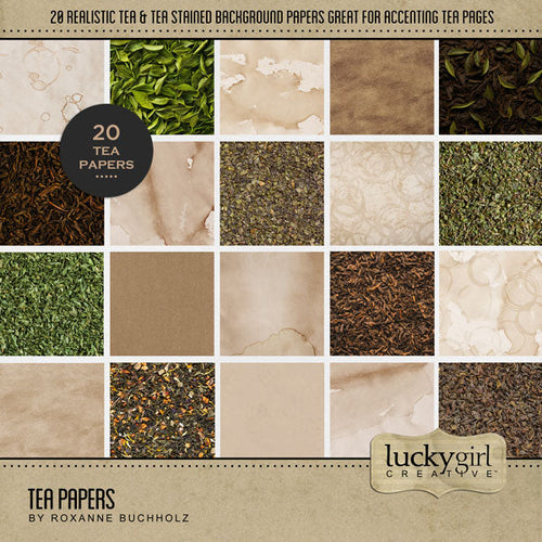 Cozy up your digital scrapbooking pages with these tea-inspired background papers by Lucky Girl Creative digital art. Great for travel to Asia, Japan, China, and more! Embellishments include tea stained papers, tea leaves, dried tea leaves, cork, and more. This kit is included in the Tea Bundle.