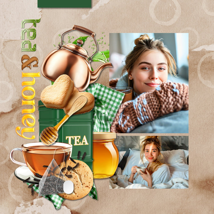 Cozy up your digital scrapbooking pages with these realistic tea-inspired embellishments, papers, and clusters. Great for tea shops, time with girlfriends, afternoon tea, vacations to Asia, China, Japan, and more! Embellishments include apron, cookie, hearts, bread, loaf, pound cake, bakery, baked goods, hot tea, ice tea, iced tea, bubble tea, boba tea, stool, cafe, cup lid, tea shop, ginger, honey, honey dipper, honey spoon, tea infuser, hot water heater pot, pitcher, Japanese tea cups, Japanese Tea House.