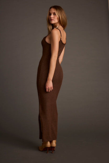 Back view of the mocha midi dress showing the silhouette and fit.