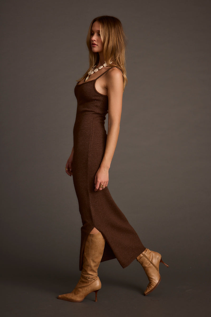 Close-up of the Teresa Mocha Sweater Midi Dress showcasing the fabric texture and design details.