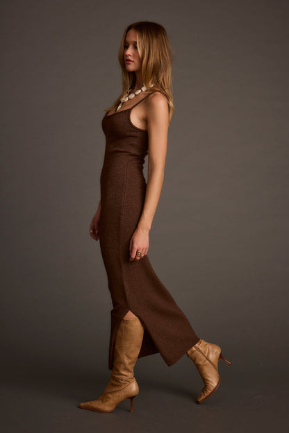 Close-up of the Teresa Mocha Sweater Midi Dress showcasing the fabric texture and design details.