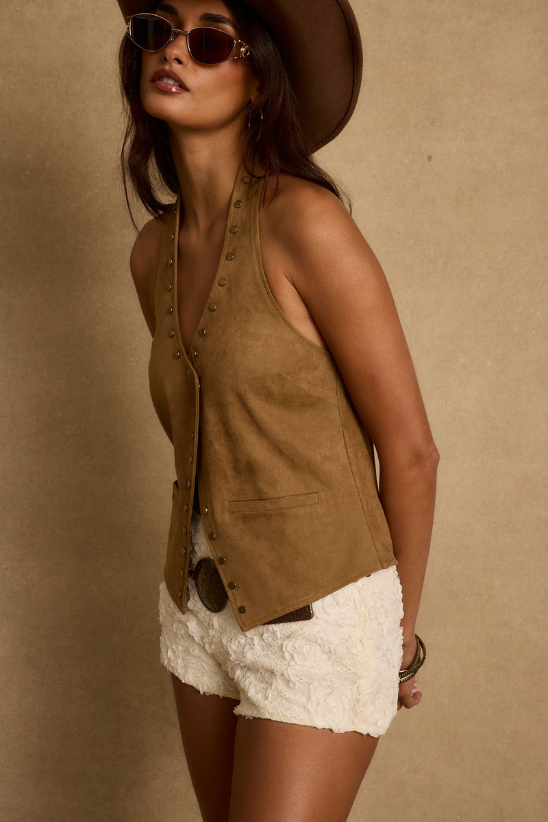 Full-length view of the camel top showing the drape and movement.