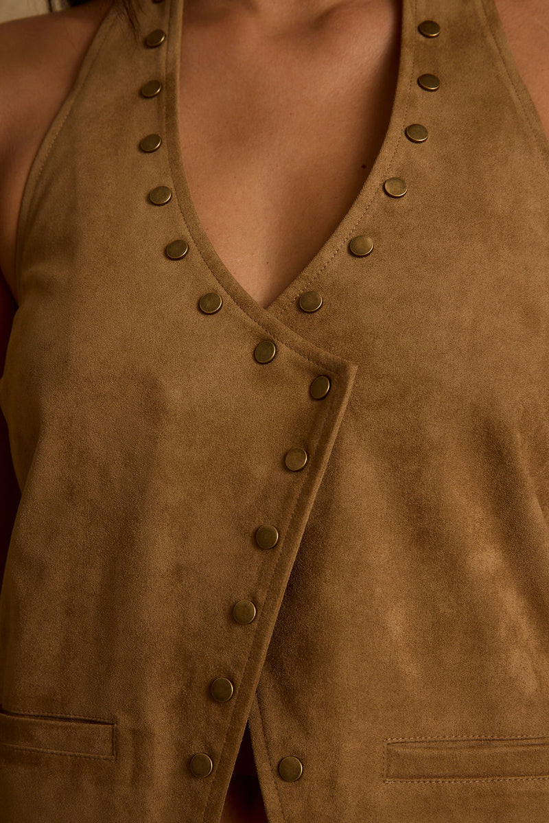 Thatcher Camel Suede Studded Top shown in a complementary styling arrangement.
