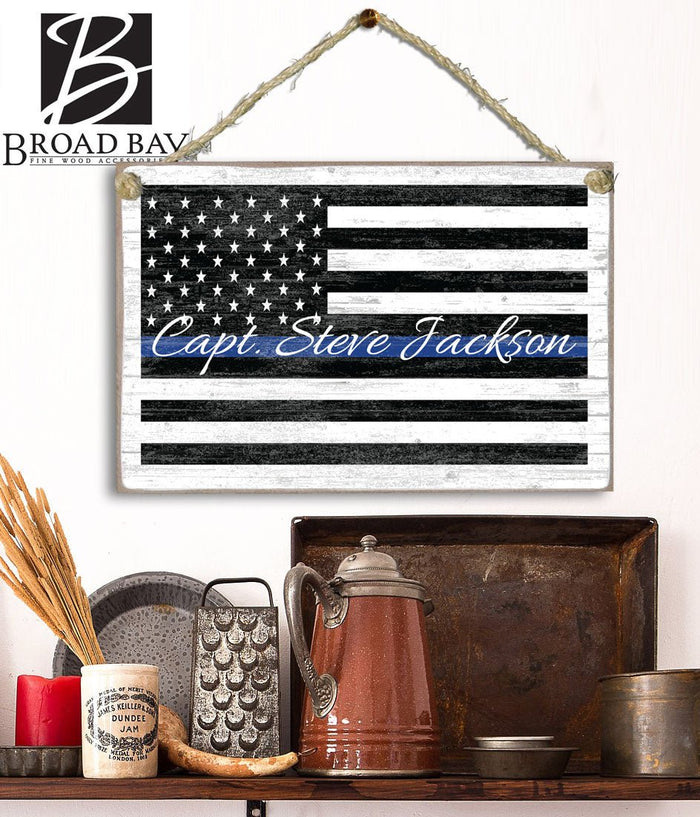 Thin Blue Line Flag Sign Personalized Name Gift For Police or Law Enforcement Officer or Family - Broad Bay Personalized Gifts Shipped Fast