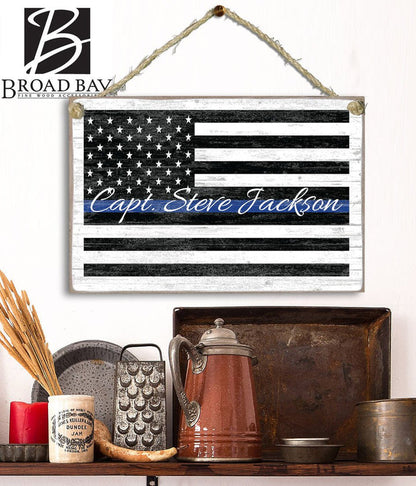 Thin Blue Line Flag Sign Personalized Name Gift For Police or Law Enforcement Officer or Family - Broad Bay Personalized Gifts Shipped Fast