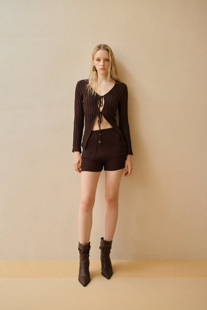 Tie front cardigan & knit shorts