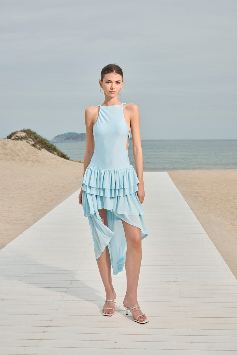 Tiered ruffle side-cutout dress
