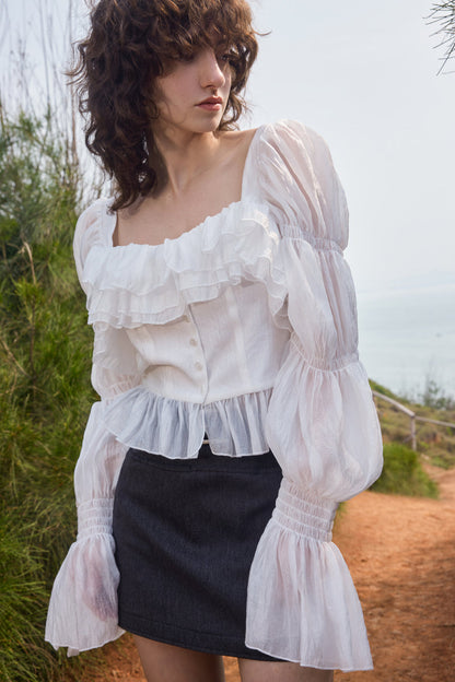 Tiered ruffle square neck top