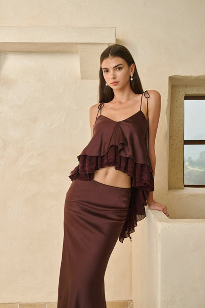 Tiered ruffle top & lace-hem maxi skirt set