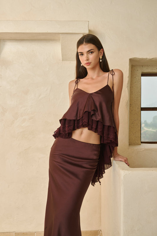 Tiered ruffle top & lace-hem maxi skirt set
