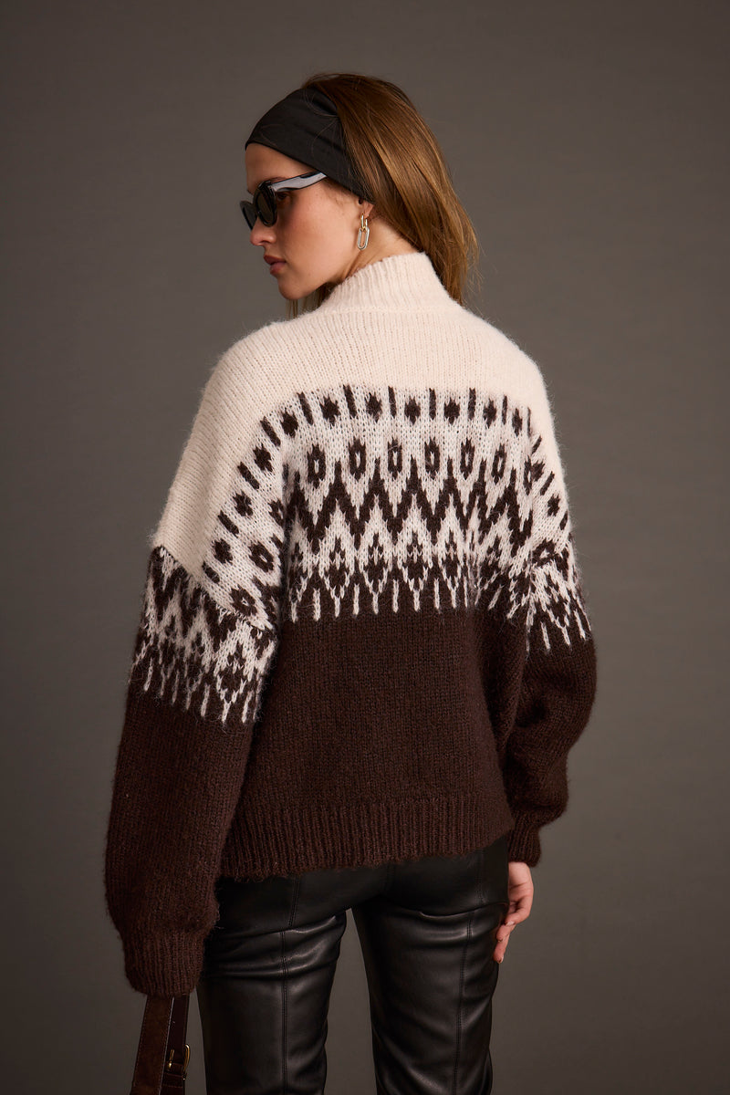 Toddy Espresso and Ivory Zip Up Sweater shown in a complementary styling arrangement.