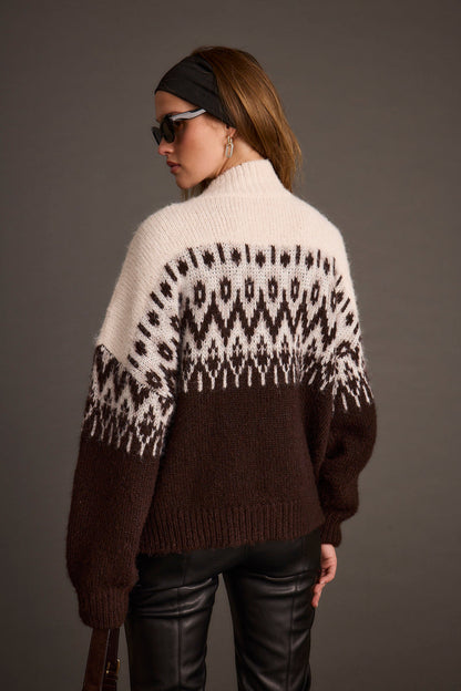 Toddy Espresso and Ivory Zip Up Sweater shown in a complementary styling arrangement.
