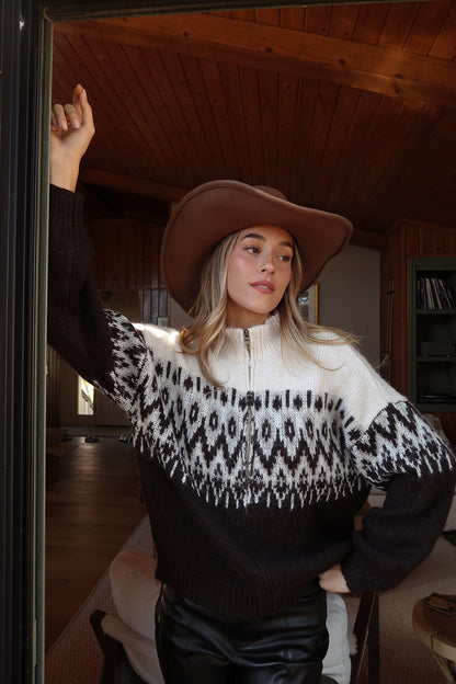 Close-up of the Toddy Espresso and Ivory Zip Up Sweater showcasing the fabric texture and design details.