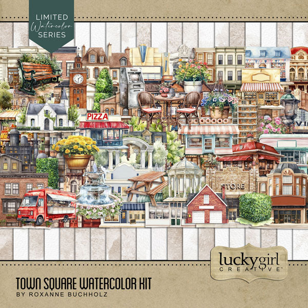 These digital scrapbooking watercolor embellishments and papers by Lucky Girl Creative digital art are great for documenting your memories of your local town, village, city square, or vacations to the big city. Embellishments include building, architecture, art boutique, apartment building, row house, house, bakery, bank, barber shop, beauty salon, department store, cafe, diner, casino, church, arch, gazebo, picnic table, clock tower, coffee shop, community center, convenience store, cottage, and more.