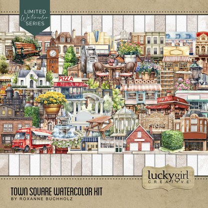 These digital scrapbooking watercolor embellishments and papers by Lucky Girl Creative digital art are great for documenting your memories of your local town, village, city square, or vacations to the big city. Embellishments include building, architecture, art boutique, apartment building, row house, house, bakery, bank, barber shop, beauty salon, department store, cafe, diner, casino, church, arch, gazebo, picnic table, clock tower, coffee shop, community center, convenience store, cottage, and more.