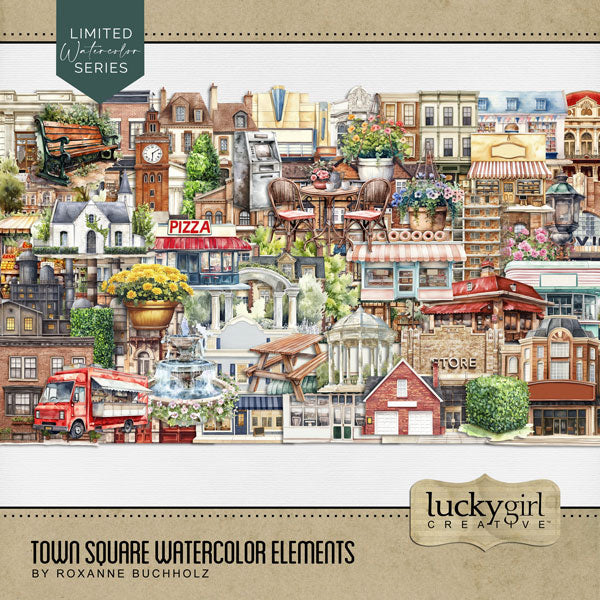 These digital scrapbooking watercolor embellishments by Lucky Girl Creative digital art are great for documenting your memories of your local town, village, city square, or vacations to the big city. Embellishments include building, architecture, art boutique, apartment building, row house, house, bakery, bank, barber shop, beauty salon, department store, cafe, diner, casino, church, arch, gazebo, picnic table, clock tower, coffee shop, community center, convenience store, cottage, donut shop, and more.
