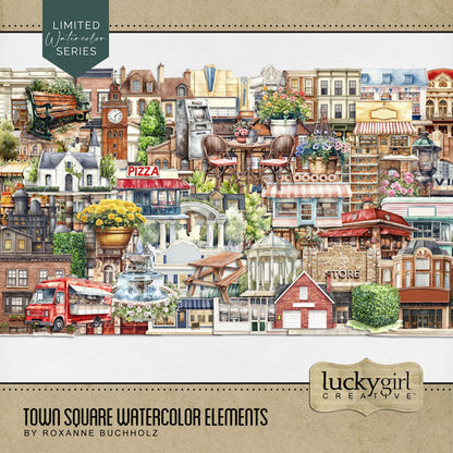 These digital scrapbooking watercolor embellishments by Lucky Girl Creative digital art are great for documenting your memories of your local town, village, city square, or vacations to the big city. Embellishments include building, architecture, art boutique, apartment building, row house, house, bakery, bank, barber shop, beauty salon, department store, cafe, diner, casino, church, arch, gazebo, picnic table, clock tower, coffee shop, community center, convenience store, cottage, donut shop, and more.
