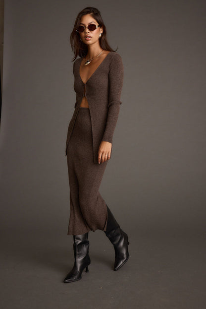 Close-up of the Tusk Mocha Sweater Midi Skirt showcasing the fabric texture and design details.